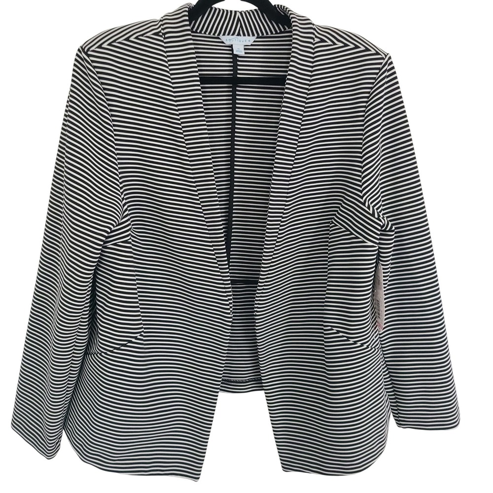 Boutique JCPenney Womens 1X Blazer Black White Striped‎ Open Front Draped New